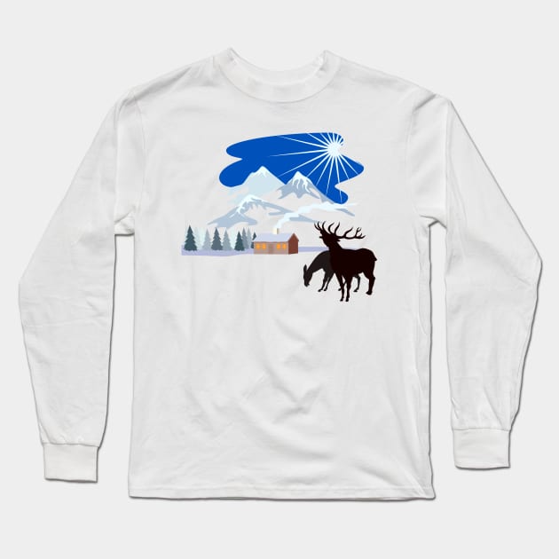 House in Winter Snow Mountains Deer Silhouette Long Sleeve T-Shirt by retrovectors